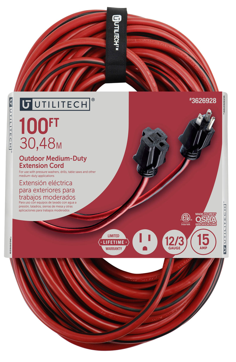 Utilitech 100-ft 12 / 3 Medium Duty 3 Prong Red and black Indoor/Outdoor Extension Power Cord