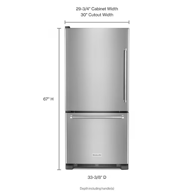 KitchenAid 18.67-cu ft Standard-Depth 30-in Bottom-Freezer Refrigerator no Ice Maker (Stainless Steel), KRBL109ESS *JR2512, Retail: $2,110.00, FINAL PRICE: $999.99 + TAX