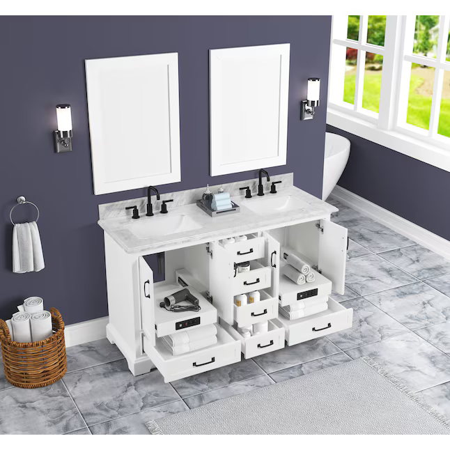 Alpine Reserve St. John 60-in Carrara White Undermount Double Sink Bathroom Vanity with White Natural Marble Top, BV-6510O-60  #2694629 *HD2509, Retail: $1,399.00, FINAL PRICE: $899.99 + TAX