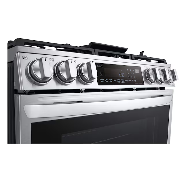 **Check Serial** LG 30-in Glass Top 5 burners 6.3-cu ft Air Fry Convection Oven Slide-In Electric Range (PrintProof Stainless Steel), LSEL6333F *JR2507, Retail: $1,799.00, FINAL PRICE: $749.99 + TAX
