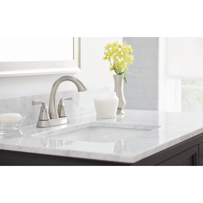 Alpine Reserve Mullen Brushed Nickel 4-in Centerset 2-handle WaterSense Mid-arc Residential Handle Bathroom Sink Faucet with Drain with Deck Plate, 67123W-6004  #2517122  *JR2511, Retail: $59.00, FINAL PRICE: $47.99 + TAX