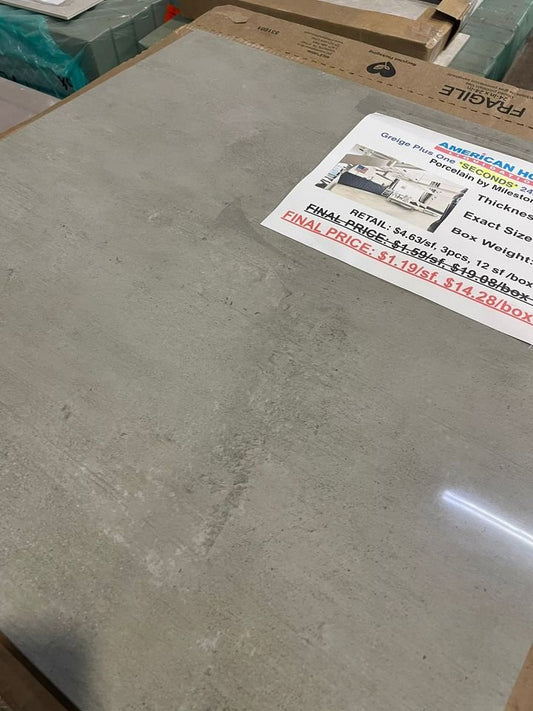 ** PER BOX ** Greige Plus One Polished *SECONDS* 24x24, 10mm, 3pcs, 12sf, 53 lbs FINAL: $1.19/sf, 14.28/bx, Loc: MT11-F