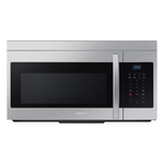 A Samsung 1.6 cu. ft. over-the-range microwave in stainless steel with a digital display and control panel on the right side.