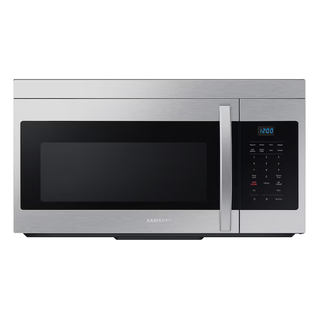 A Samsung 1.6 cu. ft. over-the-range microwave in stainless steel with a digital display and control panel on the right side.