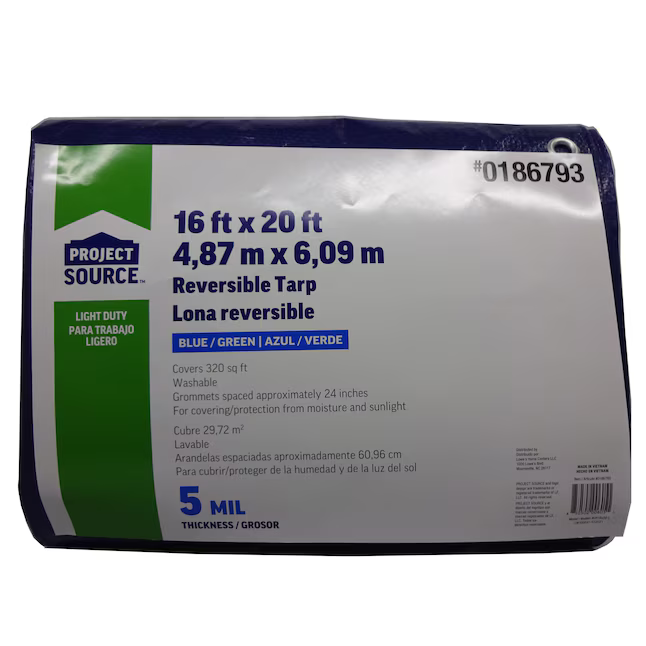 Project Source 16-ft x 20-ft Blue Waterproof Standard Polyethylene 5-mil Tarp, CH16X20-L #0186793, MSPR: $49.98, Final Price: $29.99 + Tax