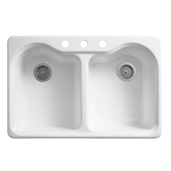 KOHLER Hartland Drop-in 33-in x 22-in Cast iron Double Equal Bowl Kitchen Sink, K-R5818-3-0 *HD2509, Retail: $446.00, FINAL PRICE: $ + TAX