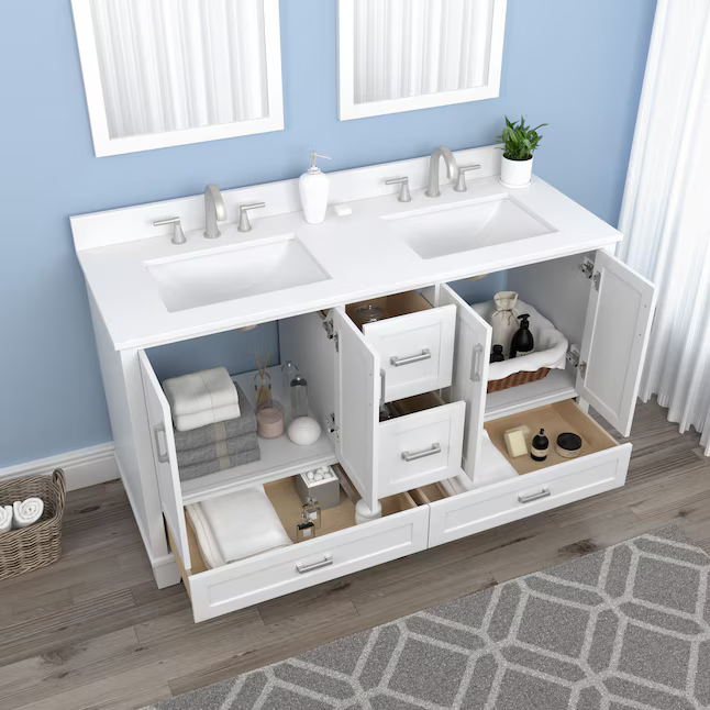 Rose 60-in Double Sink Vanity with Engineered Carrara Top in White, ROSE7060WH [FB328], FINAL PRICE: $1,199.99 + TAX