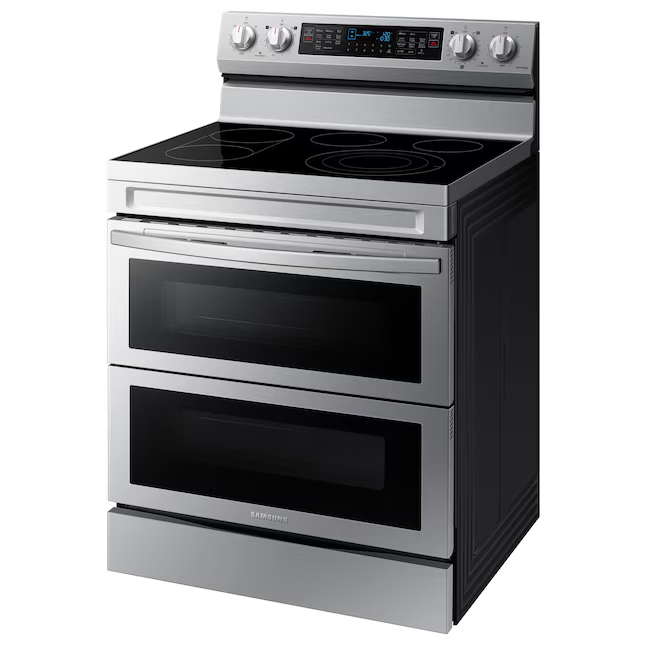 Samsung 30-in Glass Top 5 burners 3.4-cu. ft / 2.7-cu.ft Air Fry Convection Oven Freestanding Double Oven Electric Range (Fingerprint Resistant Stainless Steel), NE63A6751SS/AA *BD