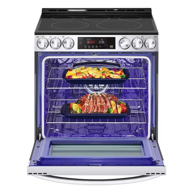 **Check Serial** LG 30-in Glass Top 5 burners 6.3-cu ft Air Fry Convection Oven Slide-In Electric Range (PrintProof Stainless Steel), LSEL6333F *JR2507, Retail: $1,799.00, FINAL PRICE: $749.99 + TAX