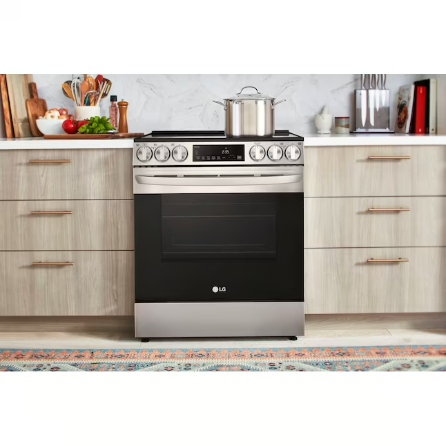 **Check Serial** LG 30-in Glass Top 5 burners 6.3-cu ft Air Fry Convection Oven Slide-In Electric Range (PrintProof Stainless Steel), LSEL6333F *JR2507, Retail: $1,799.00, FINAL PRICE: $749.99 + TAX