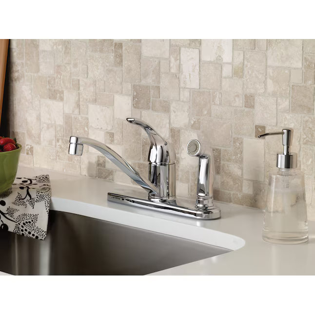 Moen Adler Chrome Single Handle Deck-Mount Handle Commercial/Residential Low-Arc Kitchen Faucet, ( Deck Plate Included ) ( Side Sprayer Included ), CA87554C, 297429  *JR2503