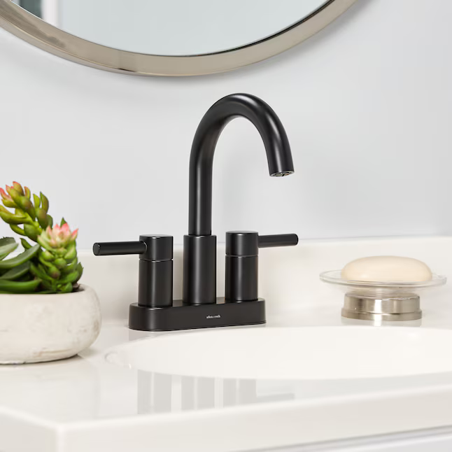 Alpine Reserve Harlow Matte Black 4-in Centerset 2-Handle WaterSense High-Arc Residential Handle Bathroom Sink Faucet with Drain with Deck Plate, 67692W-617001  #1102763 *JR2509, Retail: $69.00, FINAL PRICE: $34.99 + TAX
