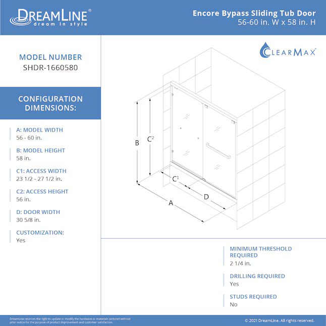 DreamLine Encore Brushed Nickel 56-in to 60-in W x 58.0-Inches H Semi-frameless Bypass Sliding Bathtub door, HD2305, SHDR-1660580