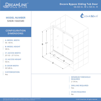 DreamLine Encore Brushed Nickel 56-in to 60-in W x 58.0-Inches H Semi-frameless Bypass Sliding Bathtub door, HD2305, SHDR-1660580