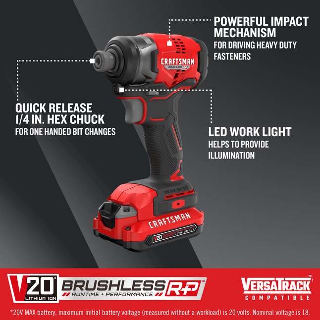 CRAFTSMAN V20 RP 20-volt max Brushless Cordless Impact Driver (Battery Included and Charger Included and Soft Bag included), CMCF813C2 *HD2505, Retail: $132.00, FINAL PRICE: $79.99 + TAX