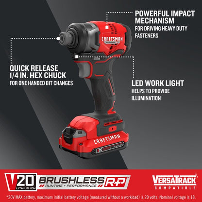 CRAFTSMAN V20 RP 20-volt max Brushless Cordless Impact Driver (Battery Included and Charger Included and Soft Bag included), CMCF813C2 *HD2505, Retail: $132.00, FINAL PRICE: $79.99 + TAX