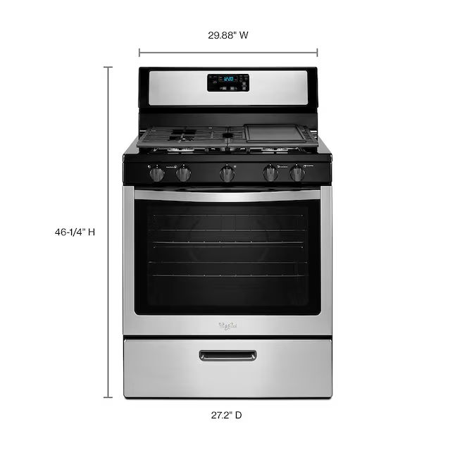 Whirlpool 30-in 5 burners 5.1-cu ft Freestanding Natural Gas Range (Stainless Steel), WFG505M0BS/3 *JR2508, Retail: $989.00, FINAL PRICE: $649.99 + TAX