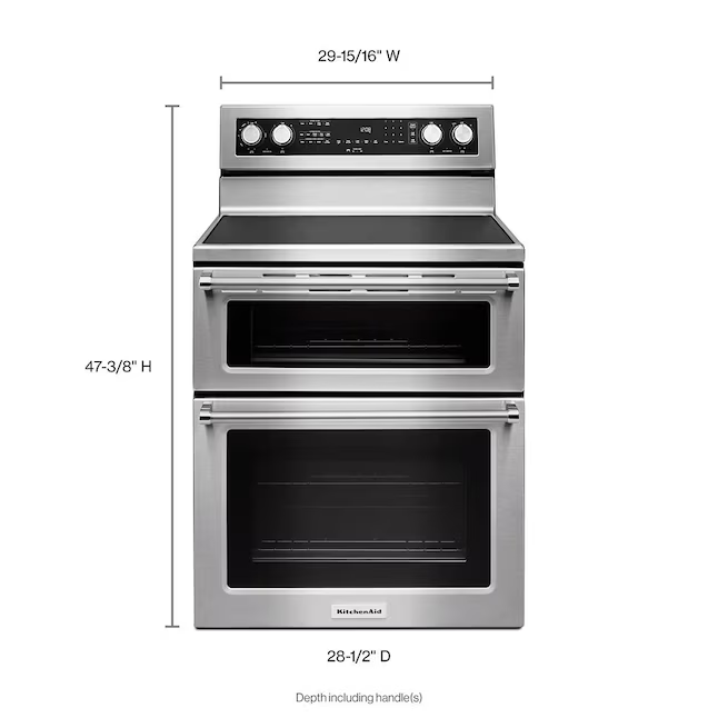 KitchenAid 30-in Glass Top 5 Burners 4.2-cu ft / 2.5-cu ft Convection Oven Freestanding Double Oven Electric Range (Stainless Steel), KFED500ESS/06 *JR2509, Retail: $2,499.00, FINAL PRICE: $1,349.99 + TAX
