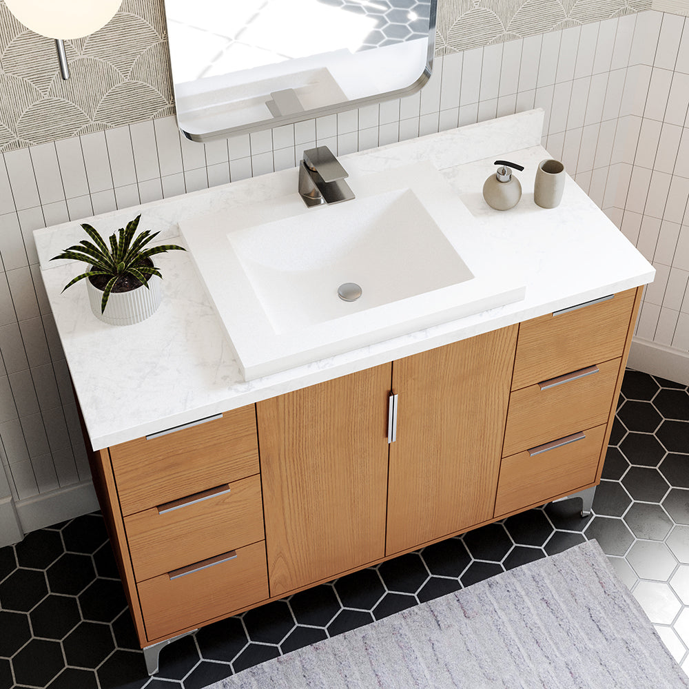 ** ASSEMBLY REQUIRED ** Summit Lane Bates 48-in Light Oak Single Sink Bathroom Vanity with White Lightly Veined Quartz Top, SL48BTV, [FB228], MSRP: $2,109.00, Final Price: $749.99 + Tax