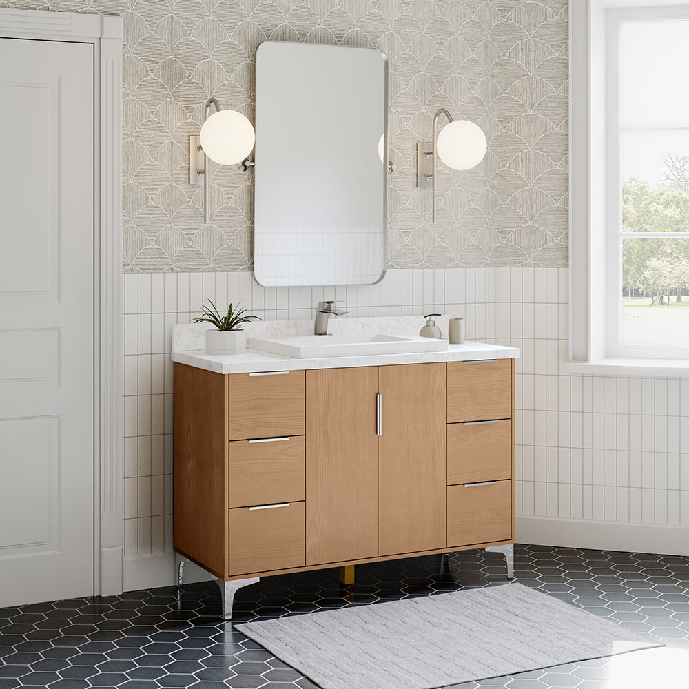 ** ASSEMBLY REQUIRED ** Summit Lane Bates 48-in Light Oak Single Sink Bathroom Vanity with White Lightly Veined Quartz Top, SL48BTV, [FB228], MSRP: $2,109.00, Final Price: $749.99 + Tax