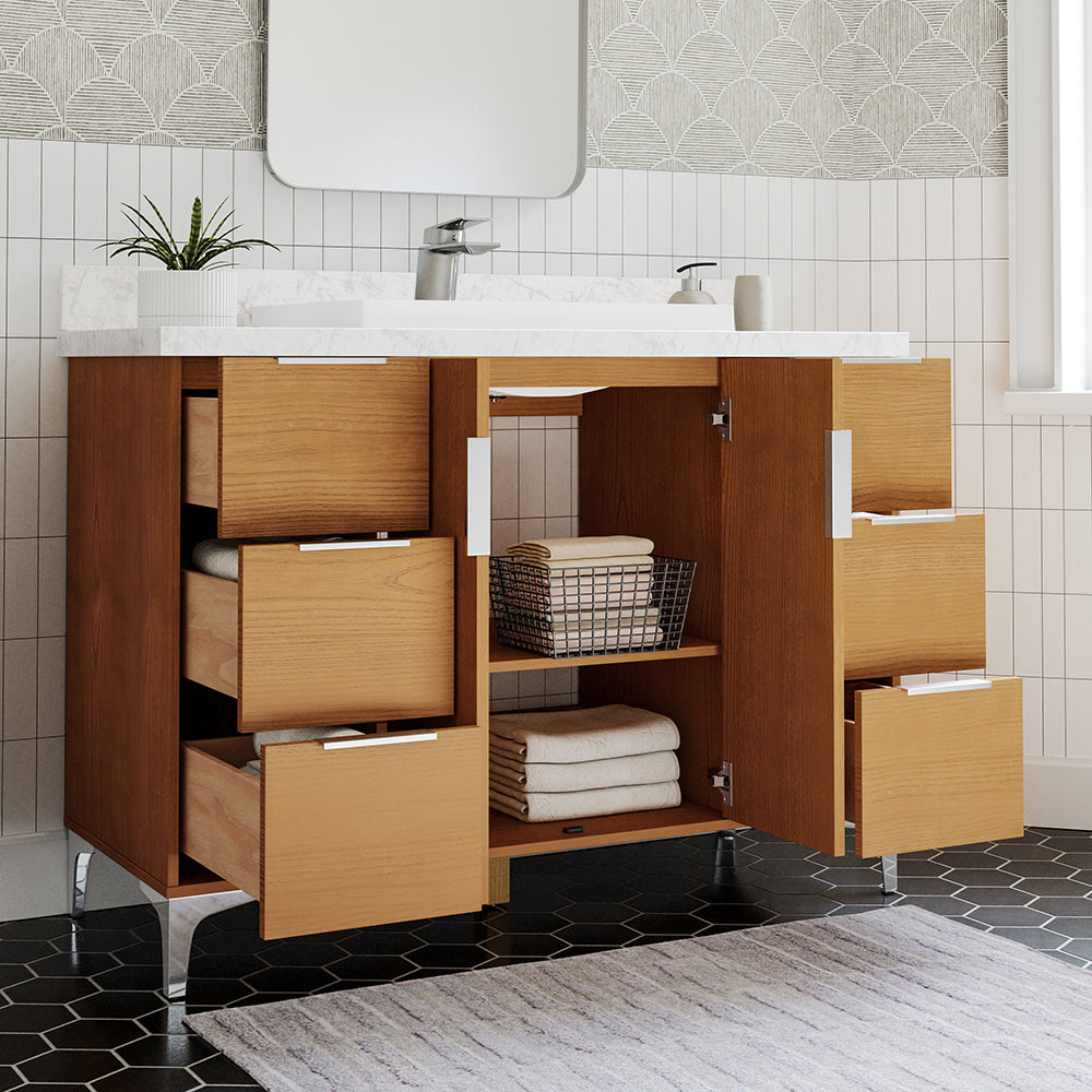 ** ASSEMBLY REQUIRED ** Summit Lane Bates 48-in Light Oak Single Sink Bathroom Vanity with White Lightly Veined Quartz Top, SL48BTV, [FB228], MSRP: $2,109.00, Final Price: $749.99 + Tax
