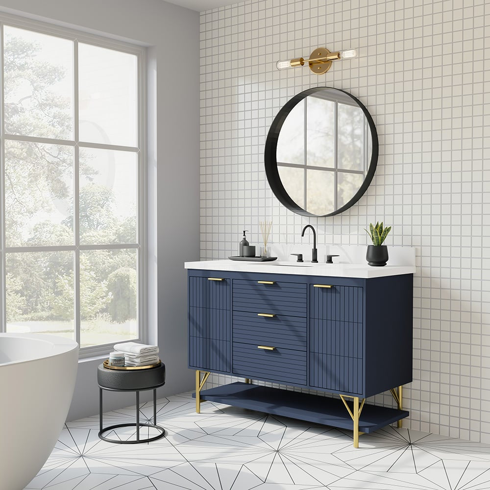 *ASSEMBLY REQUIRED* Summit Lane Calletano 48-in Navy Blue Undermount Single Sink Bathroom Vanity with White Quartz Top, SL48CTV, [FB233], MSRP: $3,799.00, Final Price: $749.99 + Tax