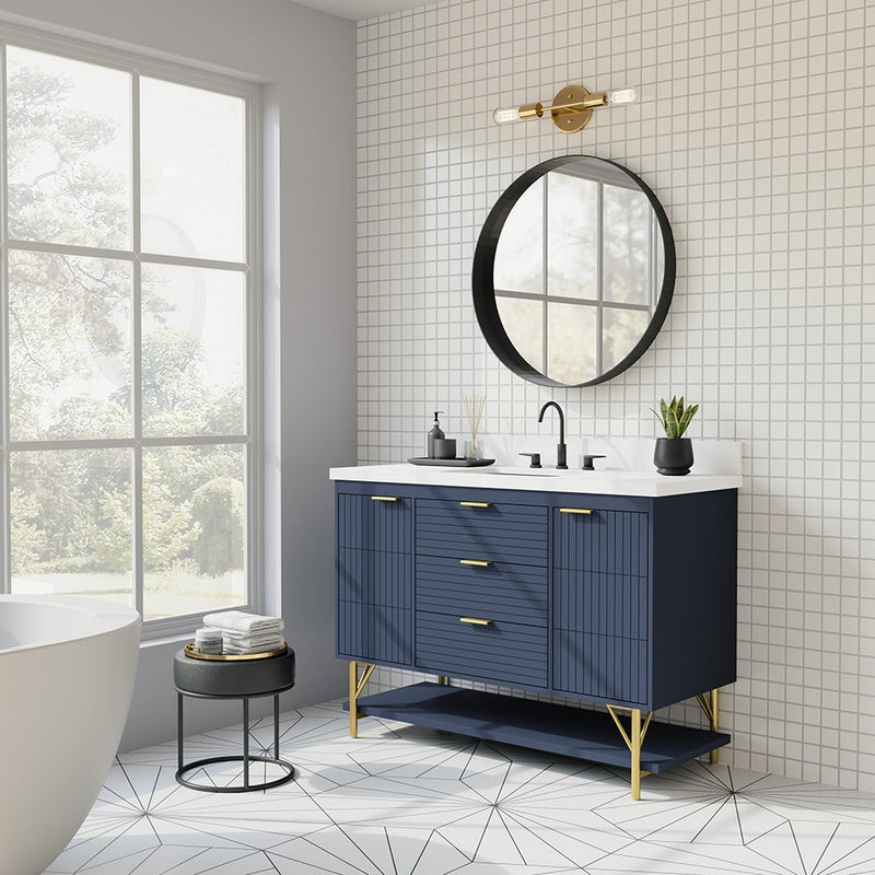 *ASSEMBLY REQUIRED* Summit Lane Calletano 48-in Navy Blue Undermount Single Sink Bathroom Vanity with White Quartz Top, SL48CTV, [FB233], MSRP: $3,799.00, Final Price: $749.99 + Tax