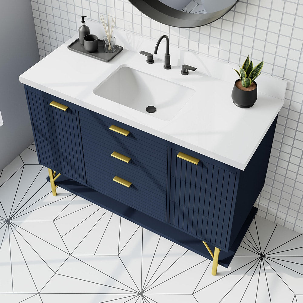 *ASSEMBLY REQUIRED* Summit Lane Calletano 48-in Navy Blue Undermount Single Sink Bathroom Vanity with White Quartz Top, SL48CTV, [FB233], MSRP: $3,799.00, Final Price: $749.99 + Tax
