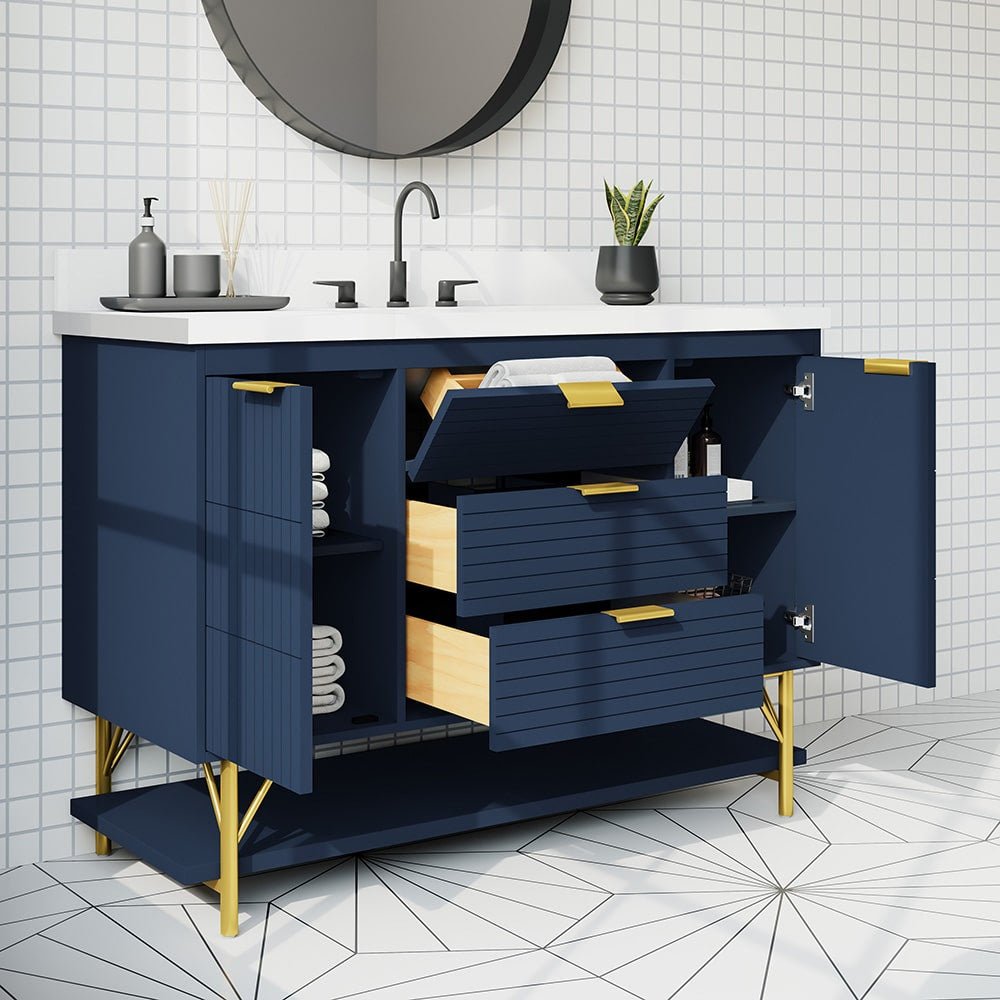 *ASSEMBLY REQUIRED* Summit Lane Calletano 48-in Navy Blue Undermount Single Sink Bathroom Vanity with White Quartz Top, SL48CTV, [FB233], MSRP: $3,799.00, Final Price: $749.99 + Tax