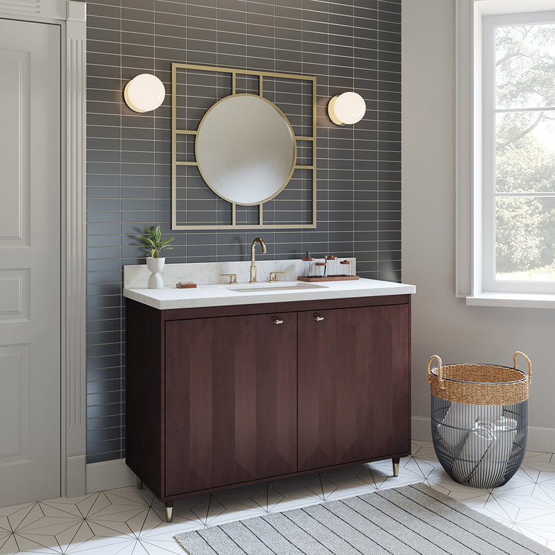 ** ASSEMBLY REQUIRED ** Summit Lane Esterhaus 48-in Brown Undermount Single Sink Bathroom Vanity with White Lightly Veined Quartz Top, SL48EHV, [FB237], MSRP: $1,849.00, Final Price: $749.99 + Tax