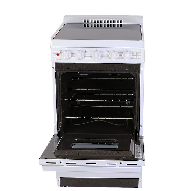 Premier 20-in Glass Top 4 burners 2.4-cu ft Freestanding Electric Range with WipeClean Coating (White on White), EAS2X0OP/01 *JR2506, Retail: $955.00, FINAL PRICE: $599.99 + TAX