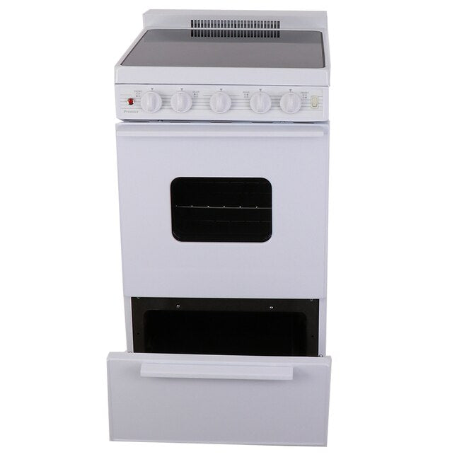 Premier 20-in Glass Top 4 burners 2.4-cu ft Freestanding Electric Range with WipeClean Coating (White on White), EAS2X0OP/01 *JR2506, Retail: $955.00, FINAL PRICE: $599.99 + TAX