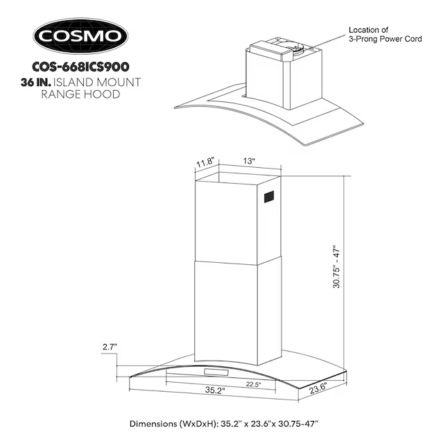 Cosmo 36-in Ductless 380-CFM Stainless Steel Island Range Hood with Charcoal Filter, COS-668iCS900 *JR2509, Retail: $431.99, FINAL PRICE: $249.99 + TAX