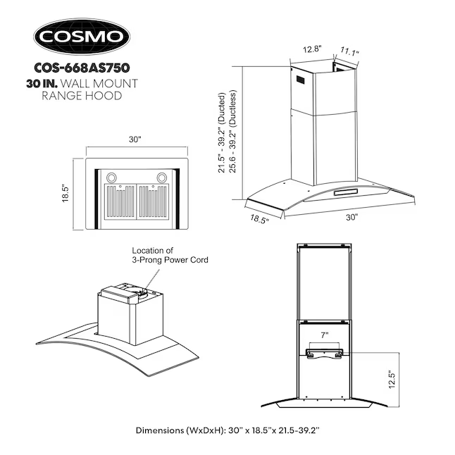 Cosmo 30-in Ducted 380-CFM Stainless Steel Wall-Mounted Range Hood, COS-668AS750  COS-668WRCS75 *JR2509, Retail: $279.99, FINAL PRICE: $149.99 + TAX