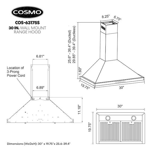 Cosmo 30-in Ducted 380-CFM Stainless Steel Wall-Mounted Range Hood, COS-63175S *JR2509, Retail: $279.99, FINAL PRICE: $149.99 + TAX