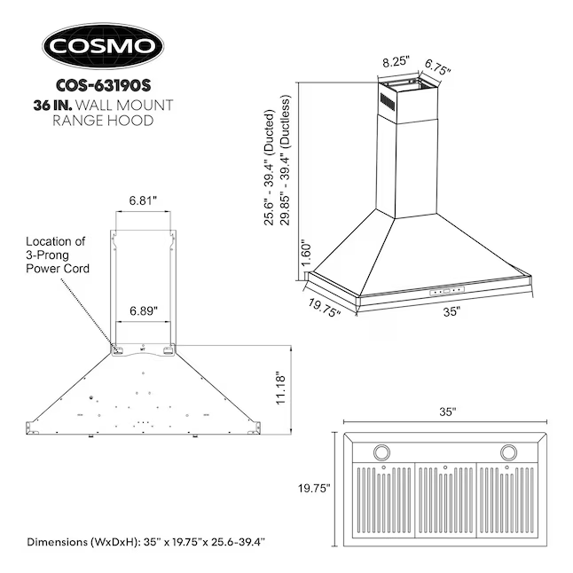 Cosmo 36-in Ductless 380-CFM Stainless Steel Wall-Mounted Range Hood with Charcoal Filter, COS-63190S *JR2508, Retail: $, FINAL PRICE: $139.99 + TAX