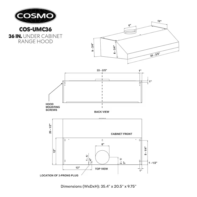 Cosmo 36-in Ducted 380-CFM Stainless Steel Under Cabinet Range Hood, UMC36 *JR2509, Retail: $377.00, FINAL PRICE: $179.99 + TAX