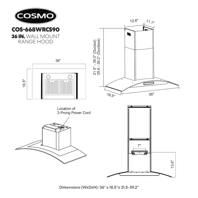 Cosmo 36-in Ducted 380-CFM Stainless Steel Wall-Mounted Range Hood, COS-668WRCS90 *JR2510, Retail: $389.99, FINAL PRICE: $209.99 + TAX
