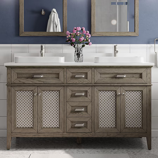 Nicole Curtis Northville 60-in Rustic Taupe Oak Semi-Recessed Double Sink Bathroom Vanity with White Engineered Stone, 1922VA-60-267-901-SR, FINAL PRICE: $1299.99 + Tax