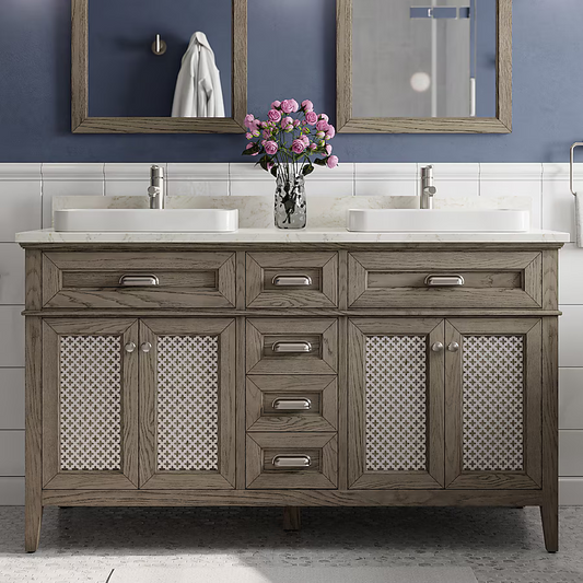 Nicole Curtis Northville 60-in Rustic Taupe Oak Semi-Recessed Double Sink Bathroom Vanity with Calacatta Engineered Marble Top, 1922VA-60-267-926-SR, FINAL PRICE: $799.99 + Tax
