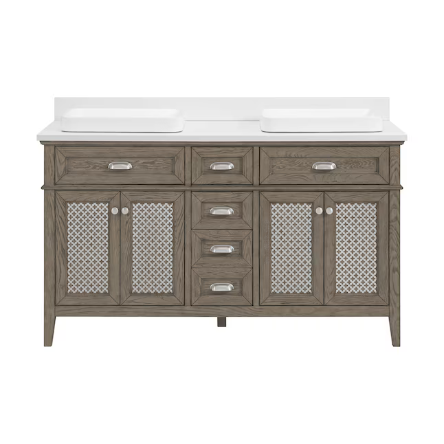 Nicole Curtis Northville 60-in Rustic Taupe Oak Semi-Recessed Double Sink Bathroom Vanity with White Engineered Stone, 1922VA-60-267-901-SR, FINAL PRICE: $1299.99 + Tax