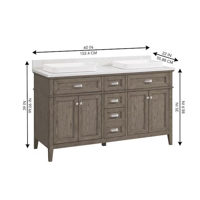 Nicole Curtis Northville 60-in Rustic Taupe Oak Semi-Recessed Double Sink Bathroom Vanity with Calacatta Engineered Marble Top, 1922VA-60-267-926-SR, FINAL PRICE: $799.99 + Tax