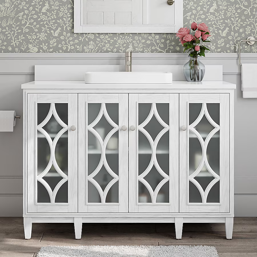 Kathy Ireland Home Southport 48-in White Oak Semi-Recessed Single Sink Bathroom Vanity with White Engineered Stone Top, 1591VA-48-241-925-SR, FINAL PRICE: $559.99 + Tax