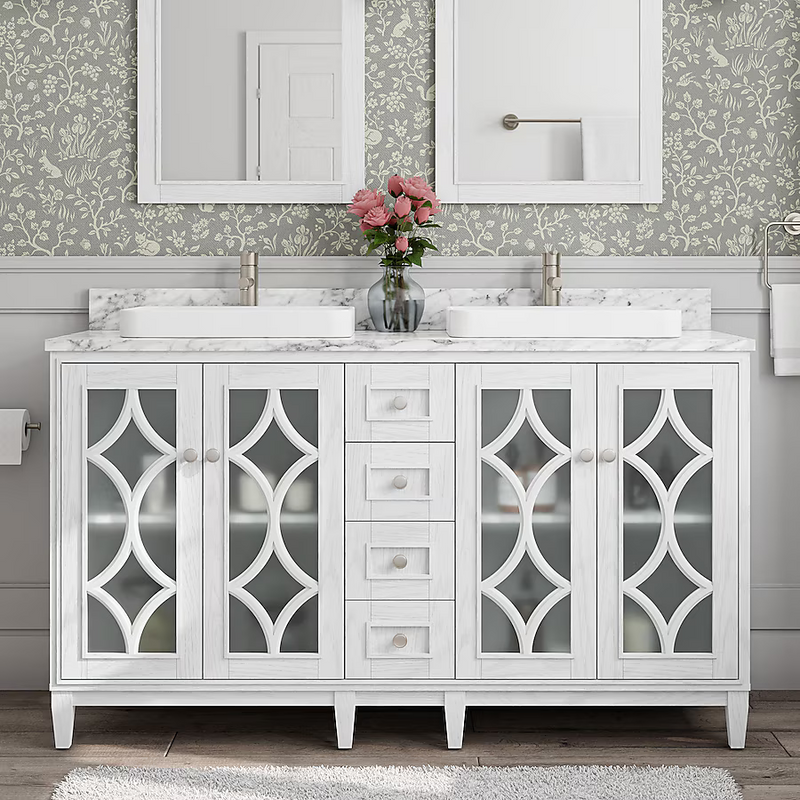 Kathy Ireland Home Southport 60-in White Oak Semi-Recessed Double Sink Bathroom Vanity with Natural Carrara Marble Top, 1591VA-60-241-900-SR, [FB270], FINAL PRICE: $1099.99 + Tax