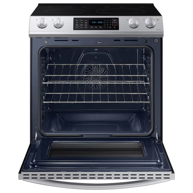 Samsung 30-in Glass Top 5 burners 6.3-cu ft Air Fry Slide-In Electric Range (Fingerprint Resistant Stainless Steel), NE63BG8315SS *BG, MSRP: $1,099.00, FINAL PRICE: $799.99 + TAX