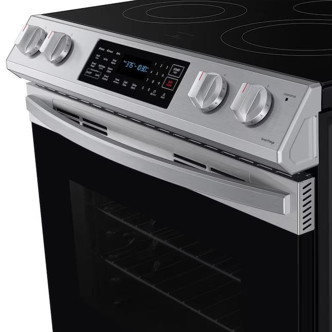 Samsung 30-in Glass Top 5 burners 6.3-cu ft Air Fry Slide-In Electric Range (Fingerprint Resistant Stainless Steel), NE63BG8315SS *BG, MSRP: $1,099.00, FINAL PRICE: $799.99 + TAX