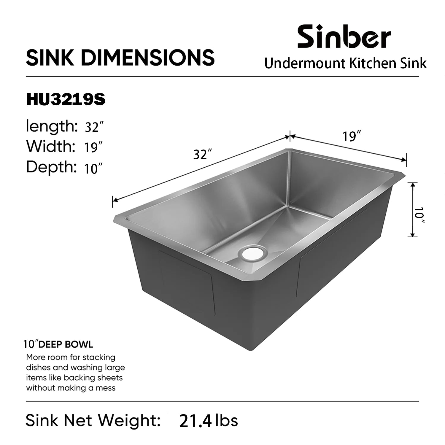 Duko Sink 32-IN Undermount Single Bowl (Sink Only) 18 Gauge, HU3219S-S