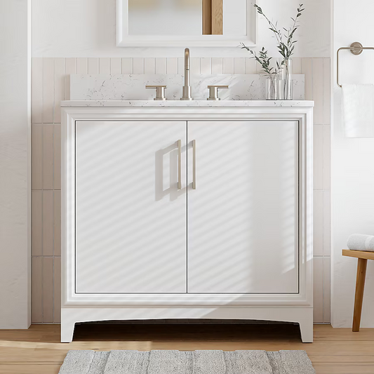 **ASSEMBLY REQUIRED** Ellen DeGeneres Norbeck 37-in White Undermount Single Sink Bathroom Vanity with Carrara Engineered Marble Top, 2342VA-37-201-925-UM, FINAL PRICE: $529.99 + Tax