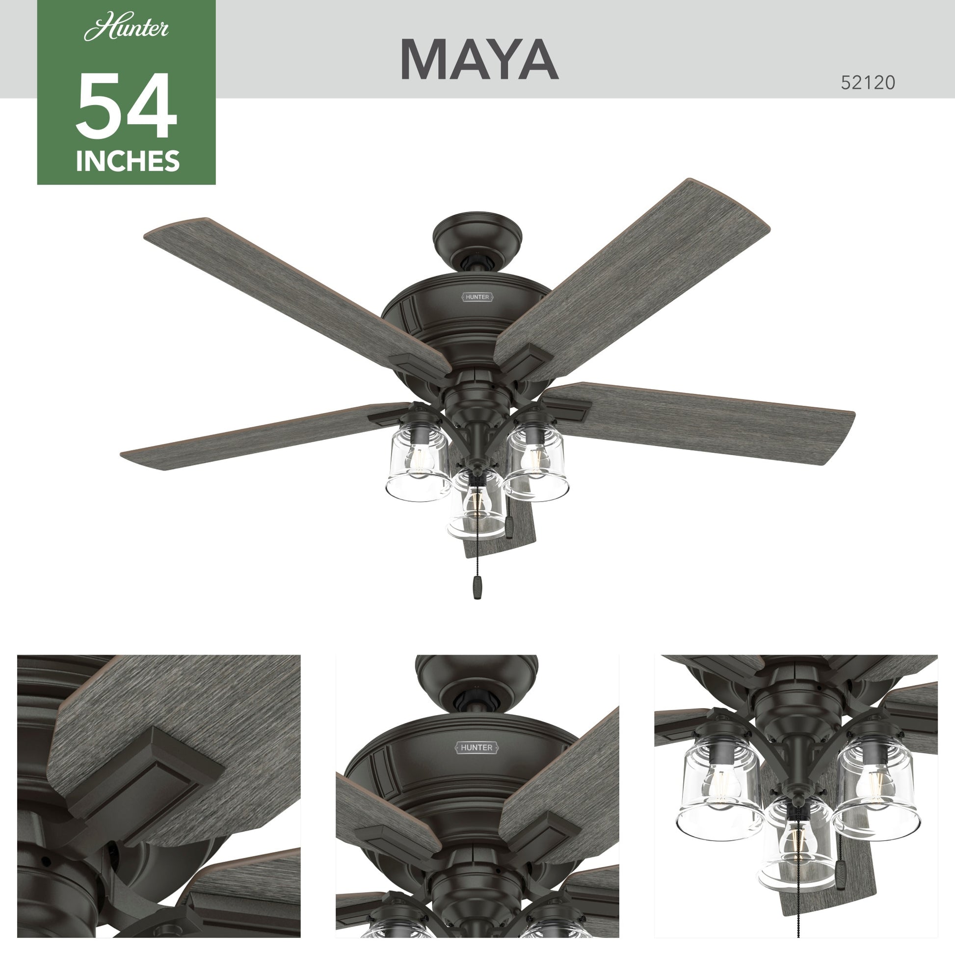 Hunter Maya 54-in Noble Bronze Ceiling Fan With Light and Pull Chain Included