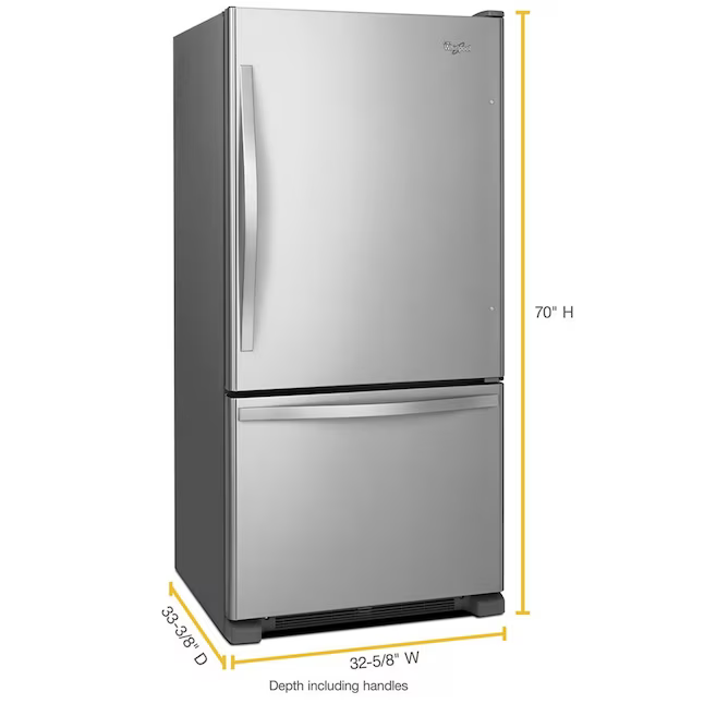 Whirlpool 22.07-cu ft Standard-Depth 33.0-in Bottom-Freezer Refrigerator with Ice Maker (Stainless Steel), WRB322DMBM/05 *JR2511, Retail: $1,999.00, FINAL PRICE: $999.99 + TAX